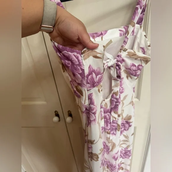 Abercrombie & Fitch Floral Midi Dress Bow Back Pink Cream Size Large NWT - Picture 9 of 9